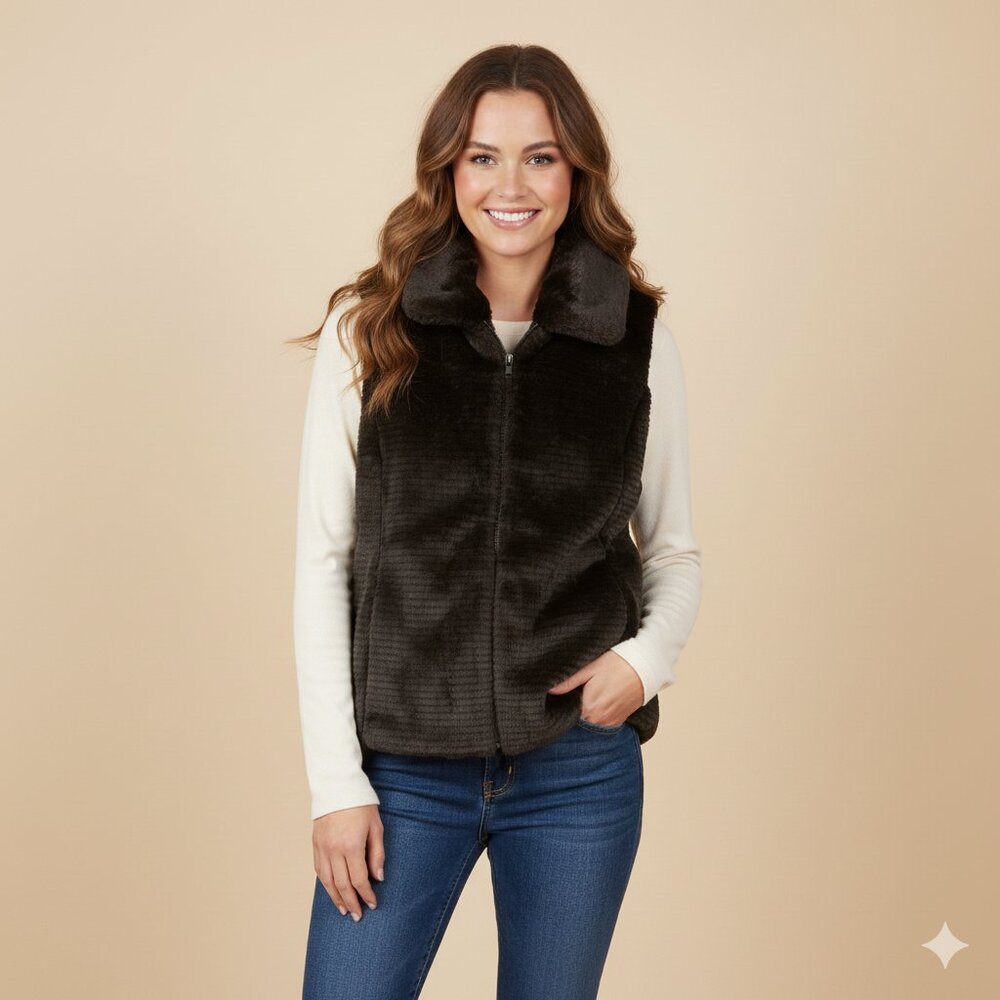 Liz Claiborne Reversible Ribbed Faux Fur Full Zip Up Brown X-Large Women Vest